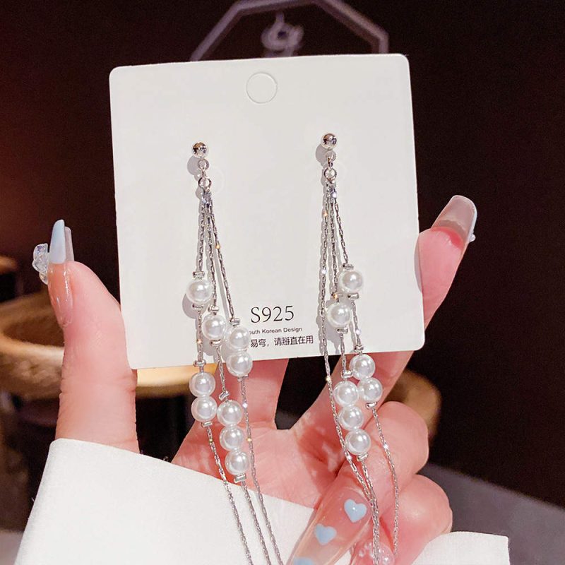 Long Pearl Tassel Dangle Drop Earrings