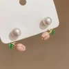 Luxury Pink Tulip Flower Pearl Stud Earrings - Image 3