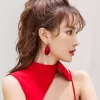 Red Colour Long Tassel Petals Zircon Earrings - Image 4