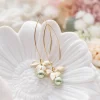 Sage Green Pearl Gold Orchid Flower Earrings - Image 2