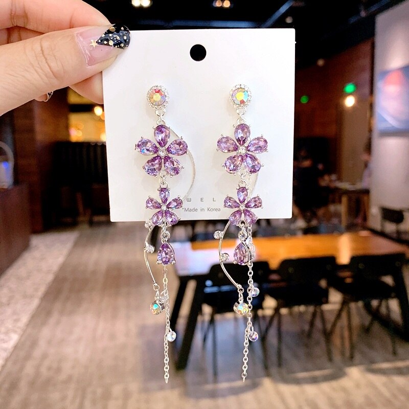 Korean Elegant Purple Flower Crystal Long Drop Earrings – Stylish Looks
