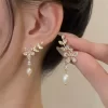 Light Luxury Sweet Pearl Crystal Leaf Flower Dangle Earrings - Image 4