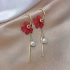 Red Flower With Hanging Pearls Earrings - Image 3