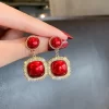 Red Square Pendant Stud Earrings - Image 3