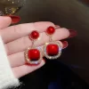 Red Square Pendant Stud Earrings - Image 4